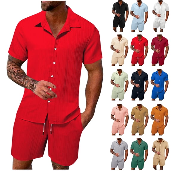 UVEASISHA Men's 2 Pieces Cotton Linen Set Casual Beach Outfit Short Sleeve Button Down Shirt Solid Color Summer Short Jogger Set with Pocket 2024 Navy,XXL