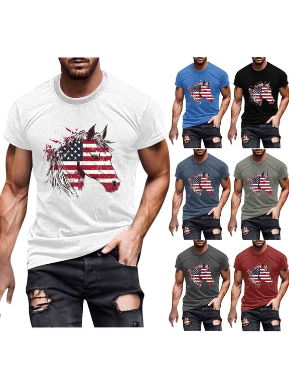 Men's American Flag Shirt 4th of July Horse Graphic Tees Big and Tall Casual Crewneck Patriotic T-Shirts Memorial Day Casual Workout Shirts White 4XL