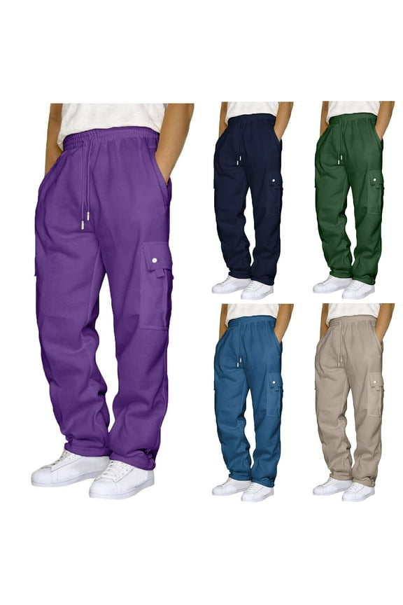 Men's Athletic Cargo Pants Loose Fit Drawstring Elastic Waist Joggers Sweatpants Plus Size Lightweight Work Trousers with Multi Pockets On Sale Today,Purple,XL