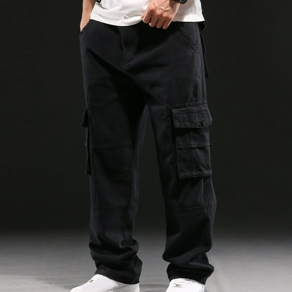 UVEASISHA Men's Baggy Cargo Pants Big and Tall Casual Cotton Work Pants for Men Loose Fit Drawstring Elastic Waist Pants Straight Wide Leg Pants with Pockets Black M