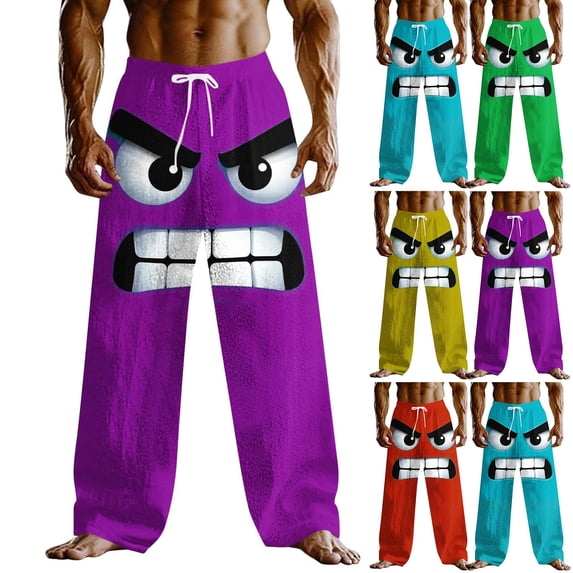 UVEASISHA Men's Big and Tall Beach Pants Angry Face Printed Linen Pants Drawstring Elastic Waist Lounge Pants Summer Lightweight Slacks with Pockets Mint Green S
