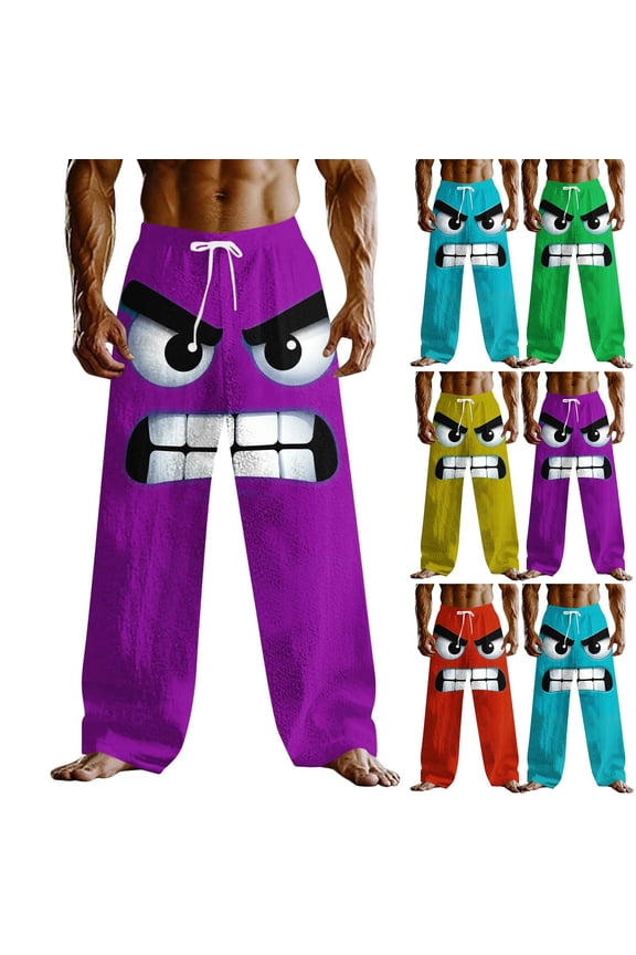 Men's Big and Tall Beach Pants Angry Face Printed Linen Pants Drawstring Elastic Waist Lounge Pants Summer Lightweight Slacks with Pockets Yellow S