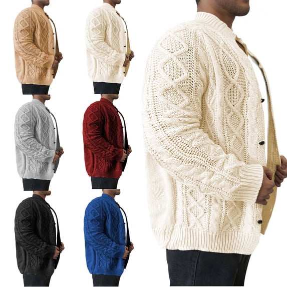 UVEASISHA Men's Big and Tall Cardigan Sweaters Stand Collar Cable Knit Button Sweater Fall Winter Chunky Cardigans Open Front Casual Outerwear Gray XL