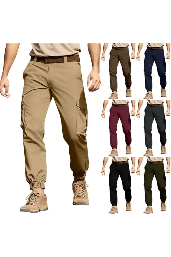 Men's Big and Tall Cargo Pants Elastic Bottom Jogger Sweatpants Outdoor Casual Construction Work Pants Solid Color Tapered Trousers with Pockets Brown M