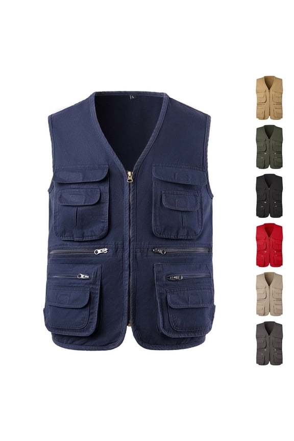 Men's Big and Tall Lightweight Cargo Vest Outdoor Casual Cotton V Neck Work Vest Full Zip Sleeveless Hiking Travel Jackets with Multi Pocket Army Green L
