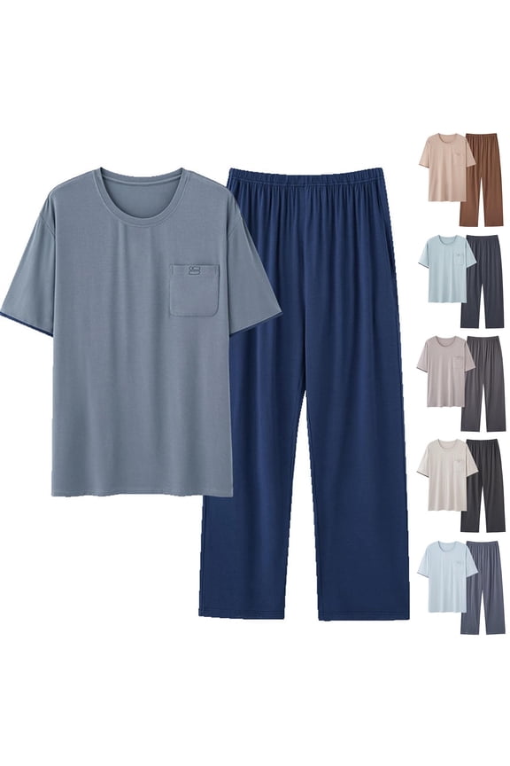 Men's Big and Tall Lounge Sets Soft Modal Pajamas Set Solid Color Short Sleeve Tee and Loose Pants Suits Comfort Breathable Pj Two Piece Navy L