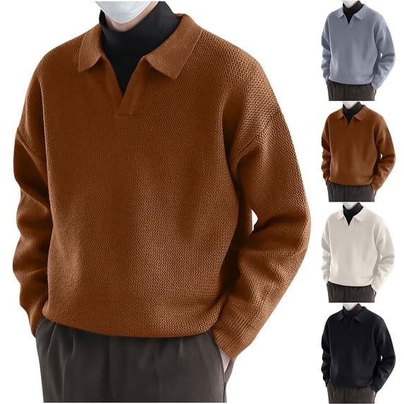 UVEASISHA Men's Button Up Sweaters Loose Fit Casual Solid Polos Sweater Soft Comfy Lapel Knitted Pullover 2025 Fall Fashion Ribbed Knit Jumper Tops Christmas Sales Today Gray M