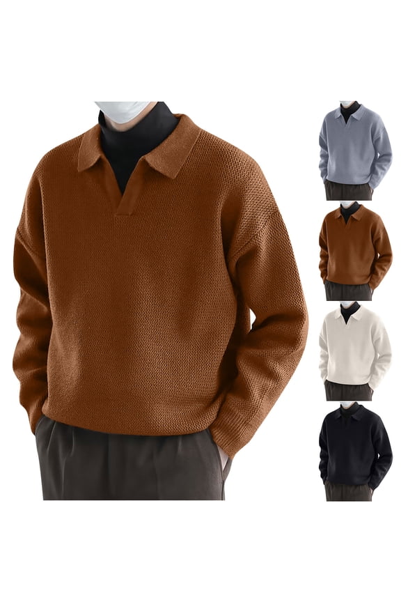 Men's Button Up Sweaters Loose Fit Casual Solid Polos Sweater Soft Comfy Lapel Knitted Pullover 2025 Fall Fashion Ribbed Knit Jumper Tops Clearance Sales Today Khaki 3XL