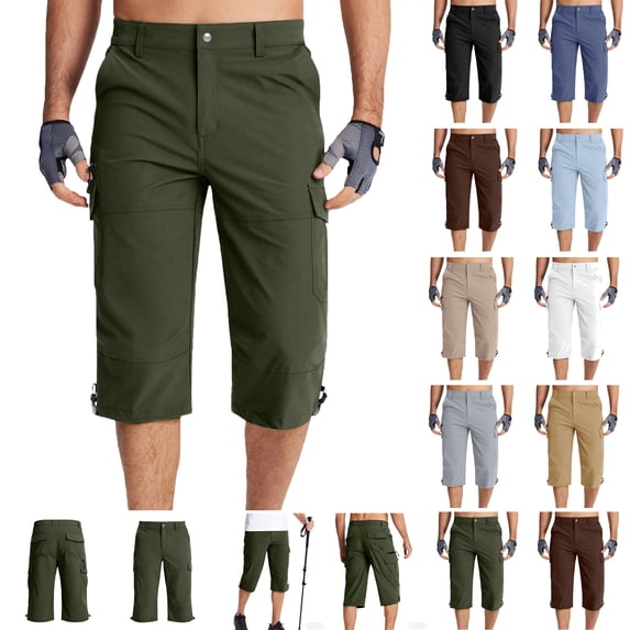 UVEASISHA Men's Capri Pants Drawstring Cuffs Long Cargo Shorts Outdoor Hiking Cropped Trousers Below Knee Casual Work Shorts with Zipper Pockets Brown XL