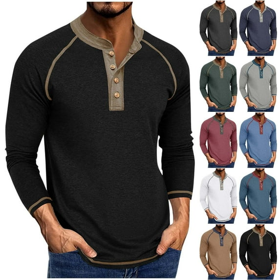 UVEASISHA Men's Casual Henley Shirts Half Button Up Long Sleeve T-Shirts Solid Color Vintage Business Work Tee Soft Stretchy Pullover Tops Dark Blue XXL