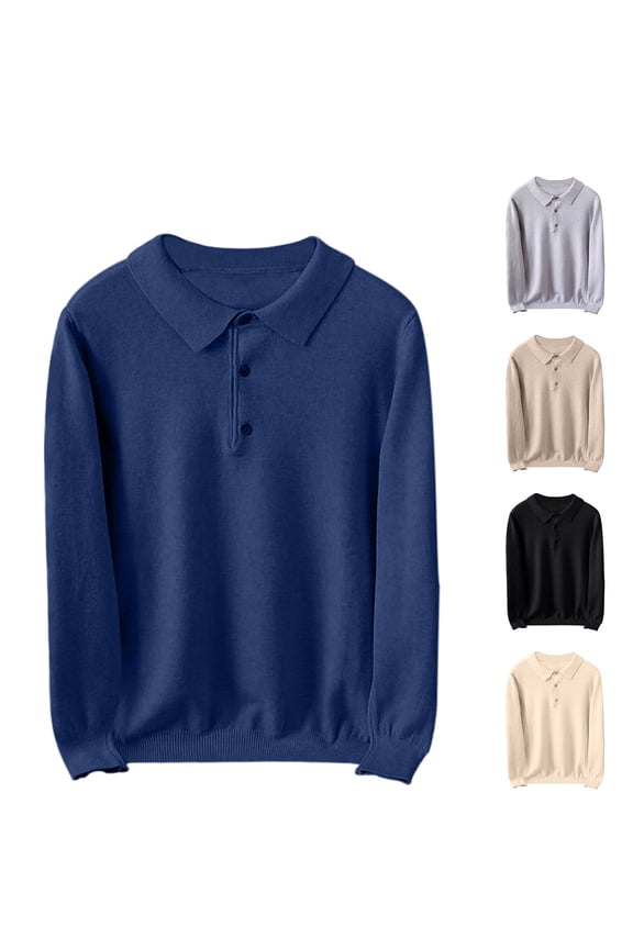 Men's Casual Sweaters 3 Button Collar Golf Shirts Soft Long Sleeve Knitted Pullover Solid Color Stretchy Knit Sweater Tops Khaki XL