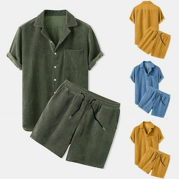 UVEASISHA Men's Corduroy Sets 2 Piece Outfits Short Sleeve Button Down Lapel Shirt and Shorts with Pocket Summer Savings Yellow M