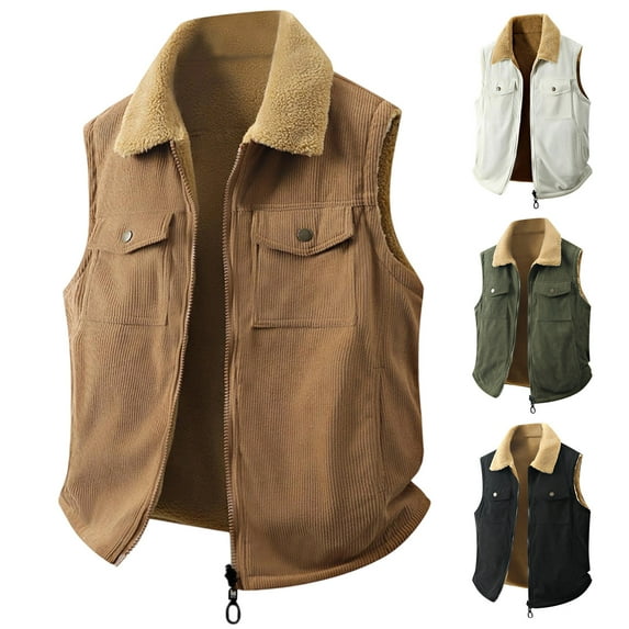 UVEASISHA Men's Corduroy Sherpa Vest Fall Winter Warm Thick Sleeveless Jackets Vintage Fleece Lined Zip up Vest with Chest Pockets White XXL