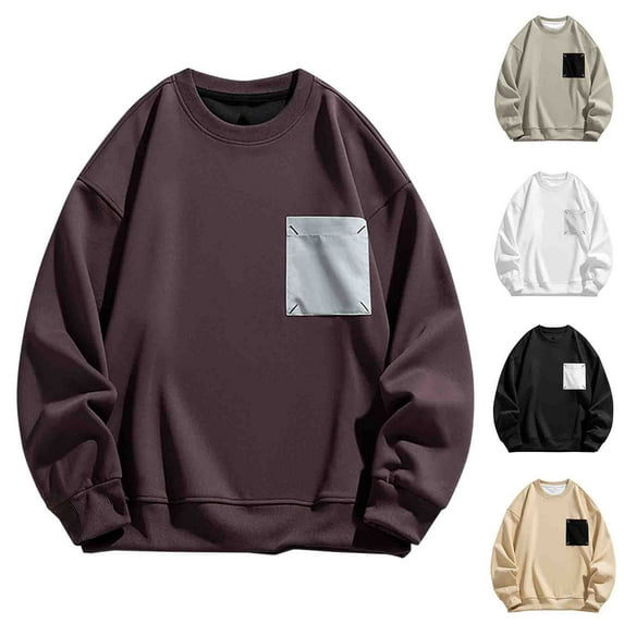 UVEASISHA Men's Crew Neck Sweatshirts Casual Loose Fit Pullover Tops Drop Shoulder Long Sleeve Sweatshirt with Chest Pocket 2024 Winter Trendy Clothes Today's Deals Khaki XXL