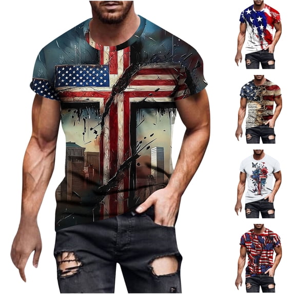UVEASISHA Men's Cross American Flag T Shirts Big and Tall Short Sleeve 4th of July T-Shirt Independence Day Novelty Printed Crewneck Tees Khaki 3XL