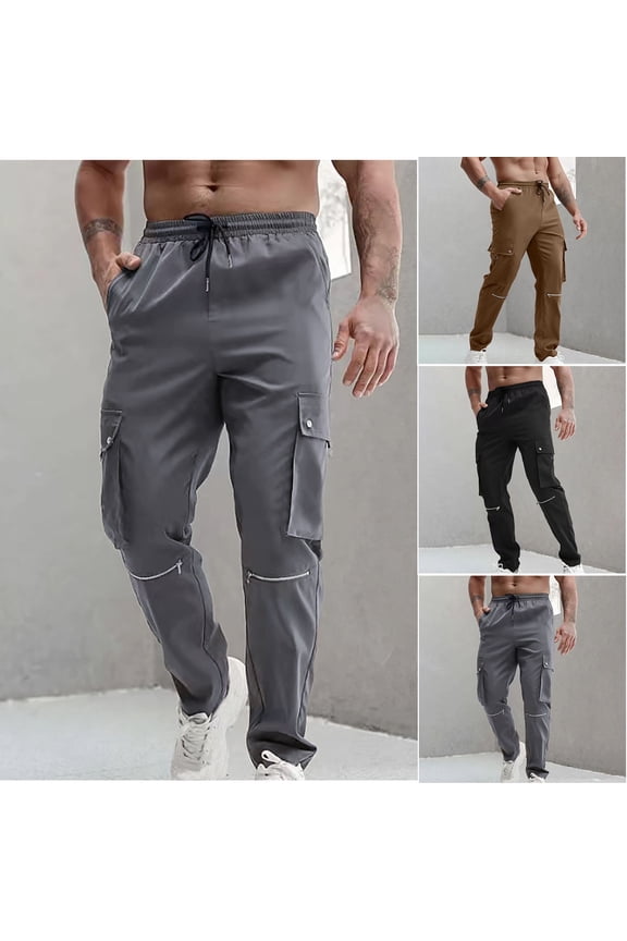 Men's Elastic Waist Drawstring Cargo Pants Light Weight Pants for Men Camping Relaxed Fit Tactical Cargo Work Pants with Multi Pocket