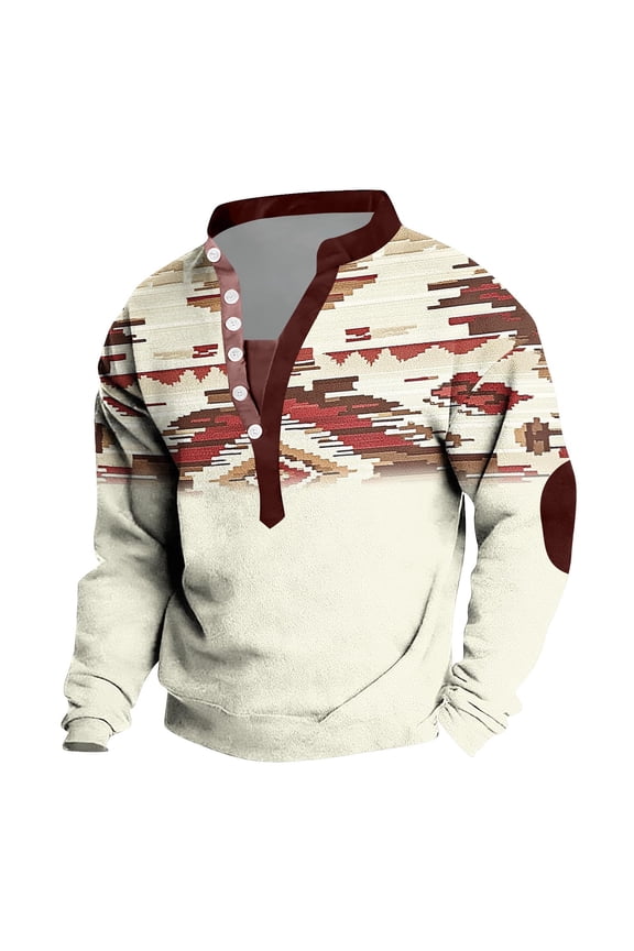 Men's Ethnic Western Graphic Henley Shirt Aztec Printed Long Sleeve Button Up Collarless Tee Cowboy Style Loose Pullovers for Daily Comfort Country Beige XL