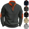 thumbnail image 1 of UVEASISHA Men's Fall Pullovers Casual Quarter Zip Stand Collar Sweatshirt Contrast Color Long Sleeve Oversized Sweatshirts with Elbow Patches Khaki L, 1 of 4