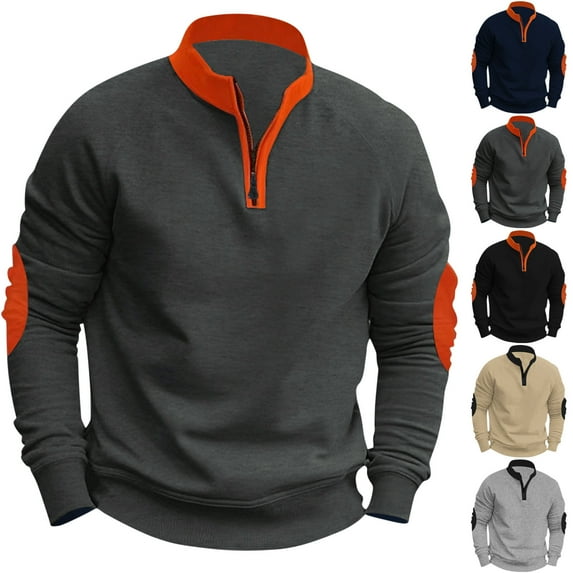 UVEASISHA Men's Fall Pullovers Casual Quarter Zip Stand Collar Sweatshirt Contrast Color Long Sleeve Oversized Sweatshirts with Elbow Patches Khaki L