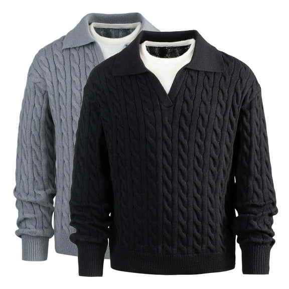 UVEASISHA Men's Fashion Sweater Lapel V Neck Twist Knit Pullover Sweaters Business Casual Dress Sweater Solid Color Knitted Jumper Gray XL