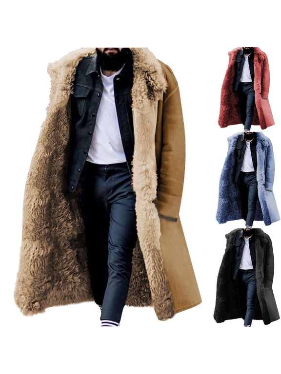 Men's Faux Fur Lined Trench Coats Winter Thicken Warm Overcoat Big and Tall Casual Single Breasted Peacoats Fluffy Fleece Thermal Parka Jackets Black 3XL