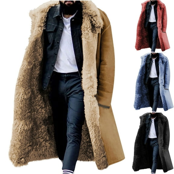 UVEASISHA Men's Faux Fur Lined Trench Coats Winter Thicken Warm Overcoat Big and Tall Casual Single Breasted Peacoats Fluffy Fleece Thermal Parka Jackets Red M