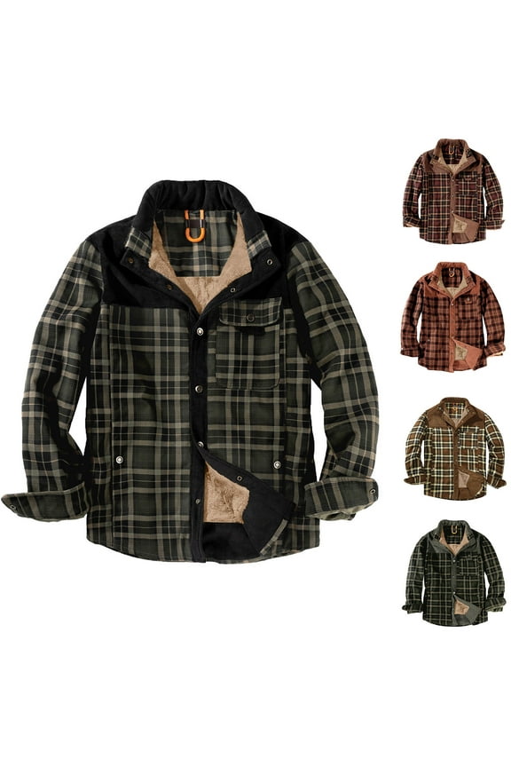 Men's Flannel Jacket Fleece Lined Plaid Shirt Jackets Winter Cotton Casual Long Sleeve Button Down Coat Thick Warm Outwear with Pocket Coffee XL