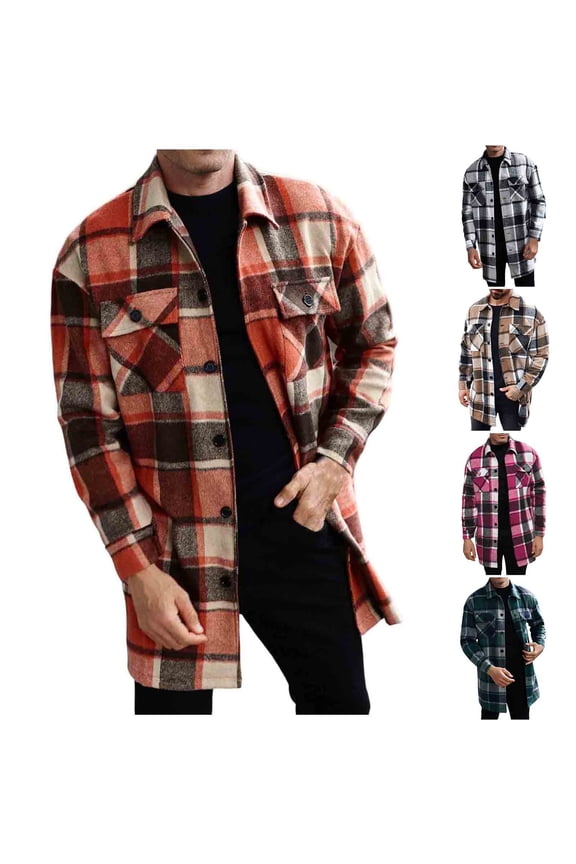Men's Flannel Shirt Jackets Mid Length Casual Button Down Shirts Fall Winter Fashion Fleece Shacket Jacket with Pockets Orange M