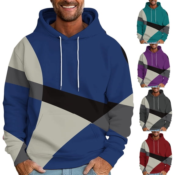 UVEASISHA Men's Graphic Hoodies Pullover Geometric Colorblock Print Drawstring Pullovers Fashion Regular Fit Hooded Sweatshirt with Pocket Sales Today,Gray,XL