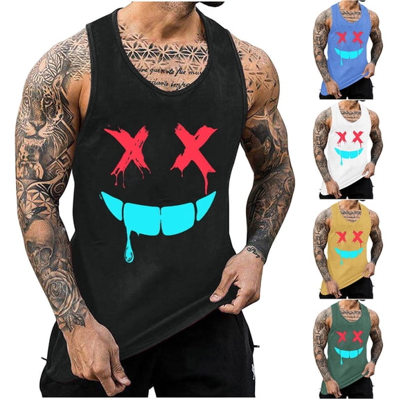 UVEASISHA Men's Graphic Tank Tops Graffiti Smiley Face Print Sleeveless Workout Shirts Regular Fit Casual Gym Muscle Tanks White L