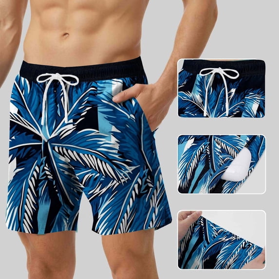 UVEASISHA Men's Hawaiian Beach Shorts Summer Casual Tropical Swim Trunks Elastic Waist Drawstring Board Shorts Lightweight Bathing Suits with Pockets Dark Blue 3XL