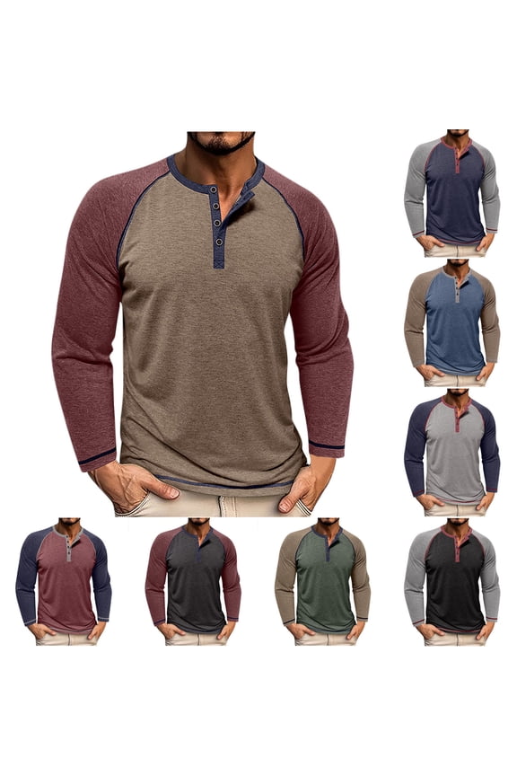 Men's Henley Shirts Raglan Long Sleeve Baseball Tee Shirt Button Up Casual Regular Fit T-Shirts Colorblock Fashion Fall Clothes Gray L