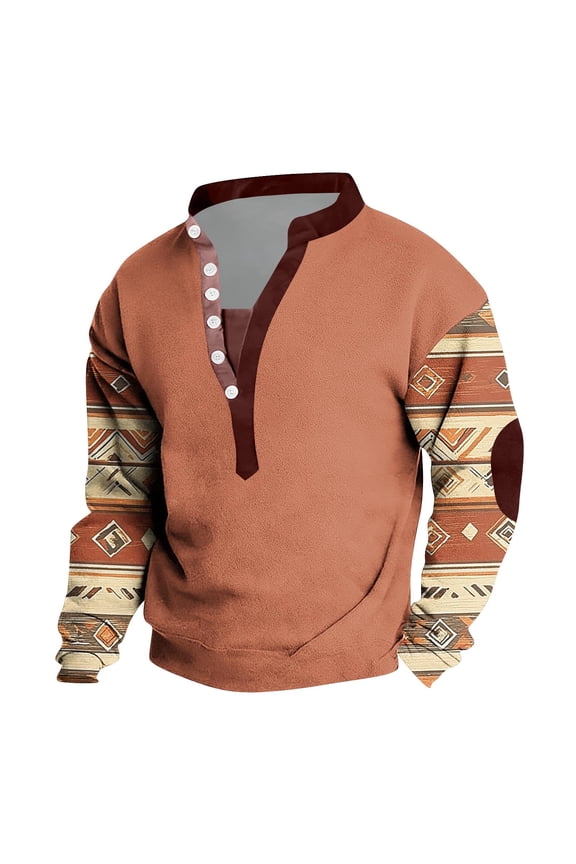 Men's Henley T-Shirt Long Sleeve Button Up Collarless Casual Tee Western Cowboy Aztec Print Pullover Loose Fit Tops for Casual Outings and Travel Orange XL