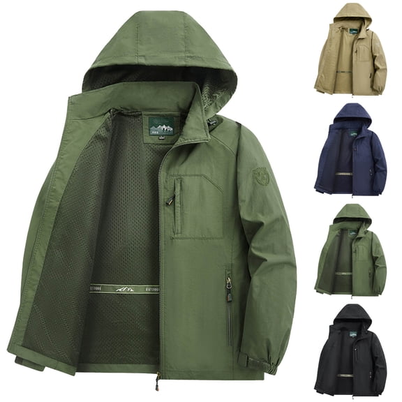 UVEASISHA Men's Hooded Rain Coat Lightweight Lined Waterproof Hiking Jackets Outdoor Sports Windbreaker Big and Tall Softshell Jacket with Pockets Khaki XXL