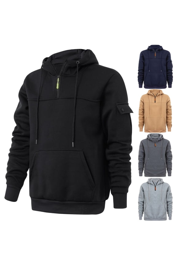 Men's Hoodie Sweatshirts Quarter Zip Collared Pullover Drawstring Hood Long Sleeve Sweatshirt with Pockets Winter Thickened Warm Clothes Back to College Sale Navy XL