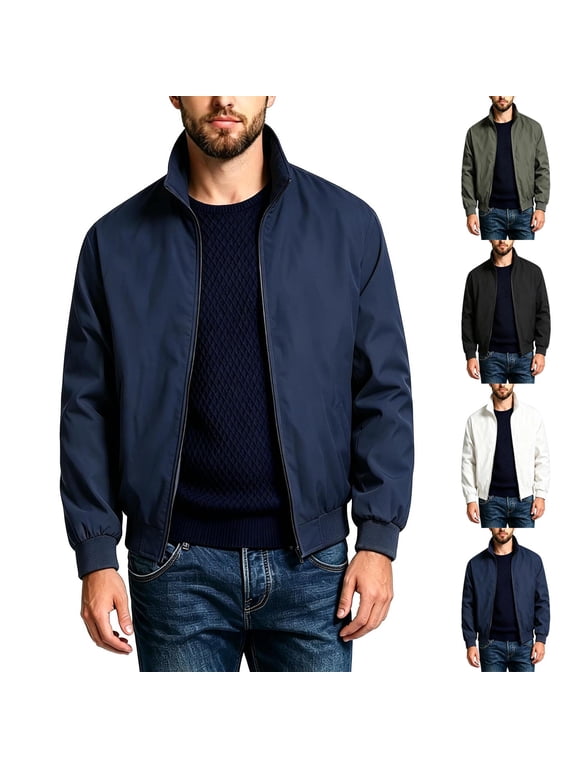Men's Lightweight Bomber Jackets Slim Fit Casual Stand Collar Full Zip Jacket Fall Winter Stylish Windbreaker Softshell Jackets with Pockets White M