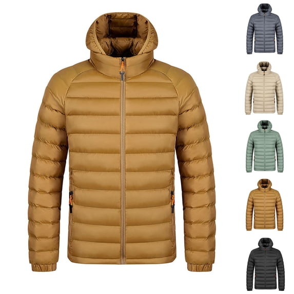 UVEASISHA Men's Lightweight Puffer Jackets Full Zip Stand Collar Hooded Winter Coats Slim Fit Casual Windpoof Insulated Jacket Warm Quilted Coat Khaki XXL