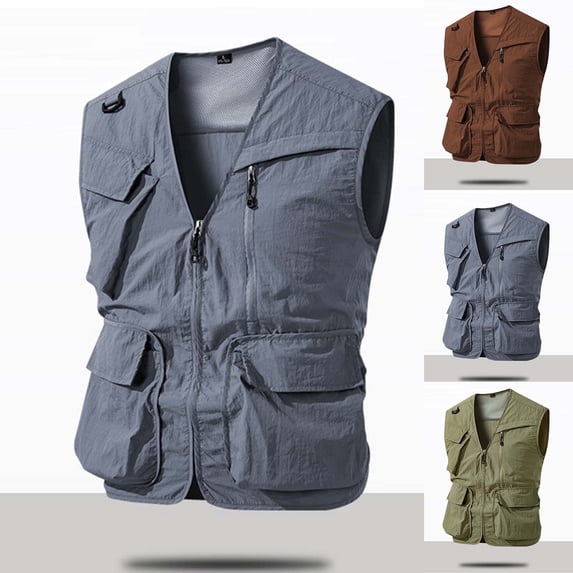 UVEASISHA Men's Lightweight Utility Vest Zip Up V Neck Cargo Vest Multi-Pocket Sleeveless Jackets for Outdoor Work Fishing Camping Hiking Green XL