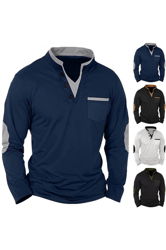Men's Long Sleeve Henley Shirt Elbow Patchwork V Neck Pullover Top Casual Stand Collar Button T-Shirts Colorblock Sweatshirts with Pocket Brown 3XL