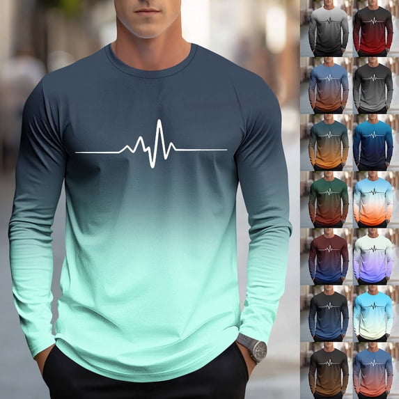 UVEASISHA Men's Long Sleeve T-Shirts Gradient Trendy ECG Print Graphic Tees Cotton Blend Casual Tshirts Hip Hop Streetwear Tops Black L