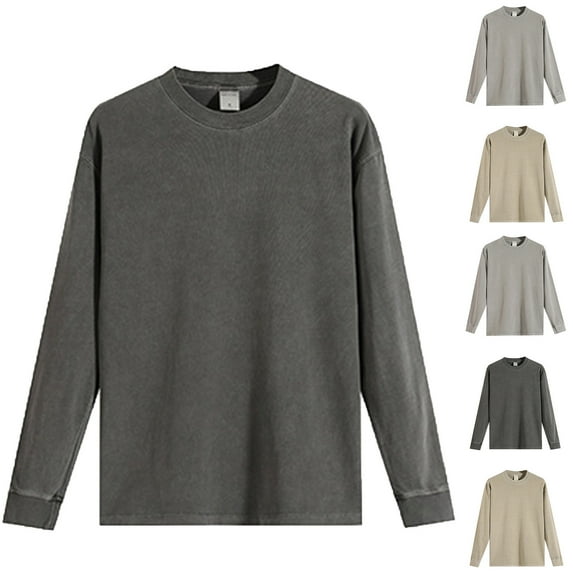 UVEASISHA Men's Long Sleeve Tee Shirts Cotton Acid Wash Vintage T-Shirt Regular Fit Casual Crewneck Pullover Tops Solid Color Basic Tees Gray M