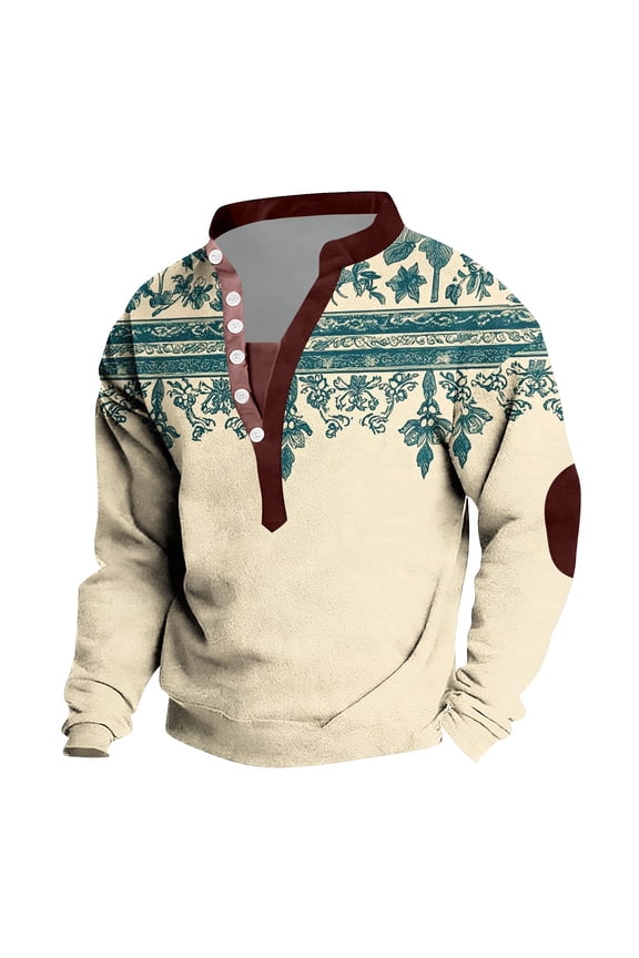 Men's Loose Pullover Henley Shirt Aztec Printed Long Sleeve Button Up Collarless Tee Western Cowboy Ethnic Graphic Design for Casual Events Khaki XXL