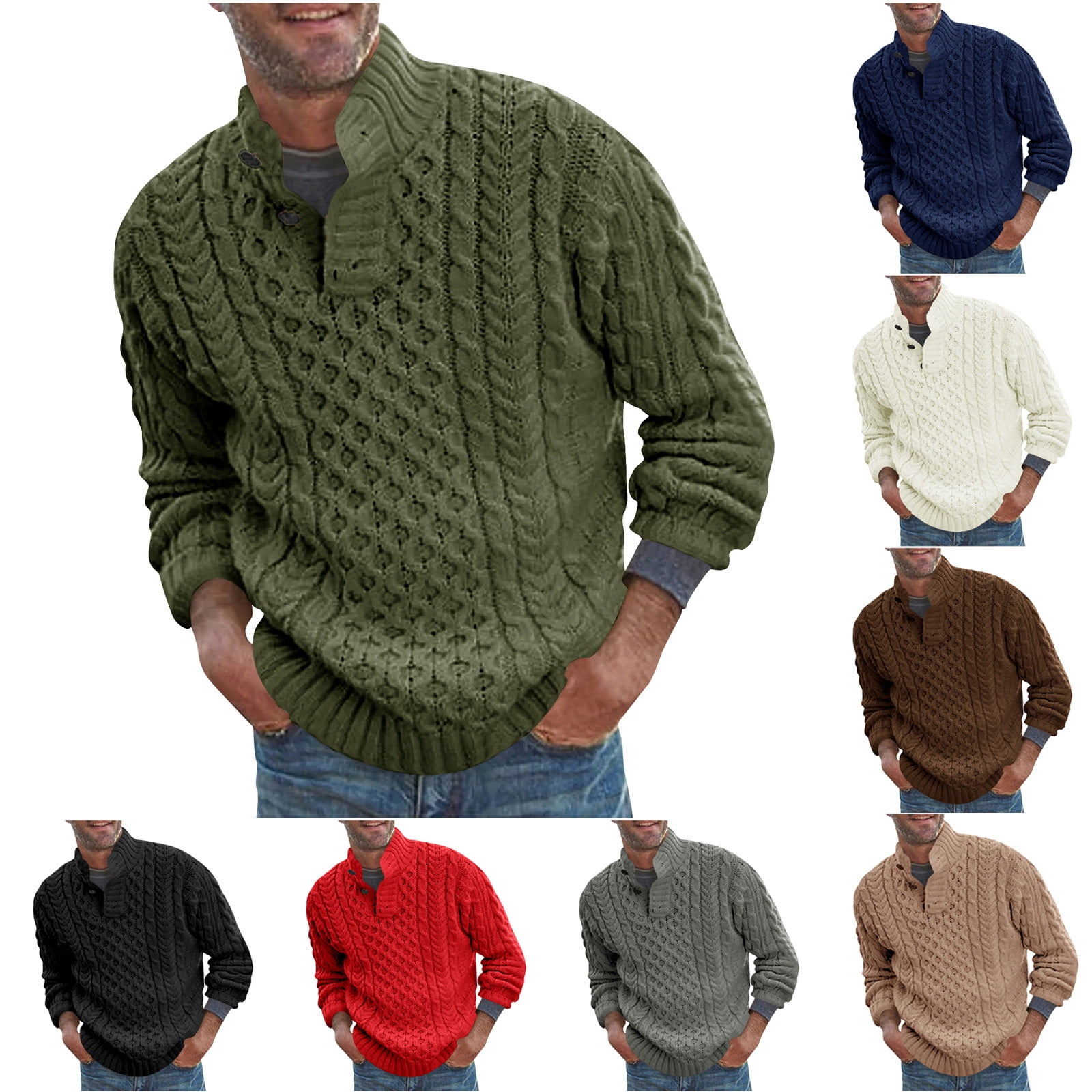 UVEASISHA Men's Mock Neck Sweaters Cable Knit Pullover Sweater Long ...
