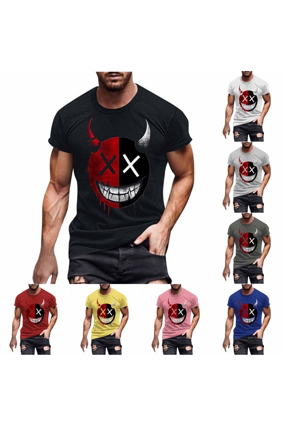Men's Novelty Graphic T-Shirts Short Sleeve Funny Face Printed Casual Tees Breathable Slim Fit Gym Workout Shirts Comfy Crewneck Pullover Pink S