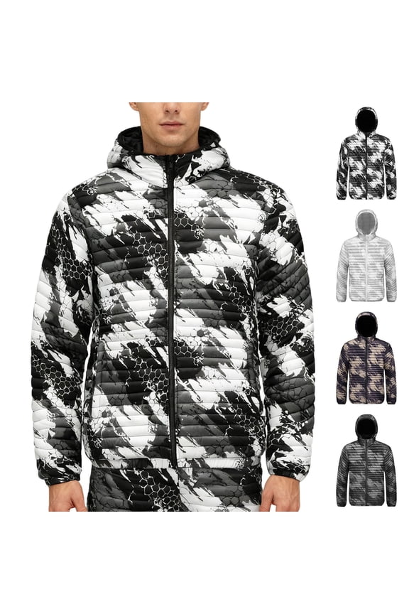 Men's Parka Jackets with Removable Hood Camo Printed Lightweight Puffer Jacket Winter Waterproof Insulated Down Coats for Hunting Traveling Black M