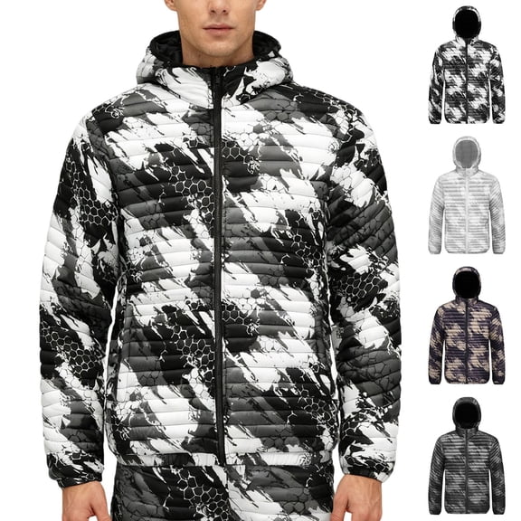 UVEASISHA Men's Parka Jackets with Removable Hood Camo Printed Lightweight Puffer Jacket Winter Waterproof Insulated Down Coats for Hunting Traveling Gray L