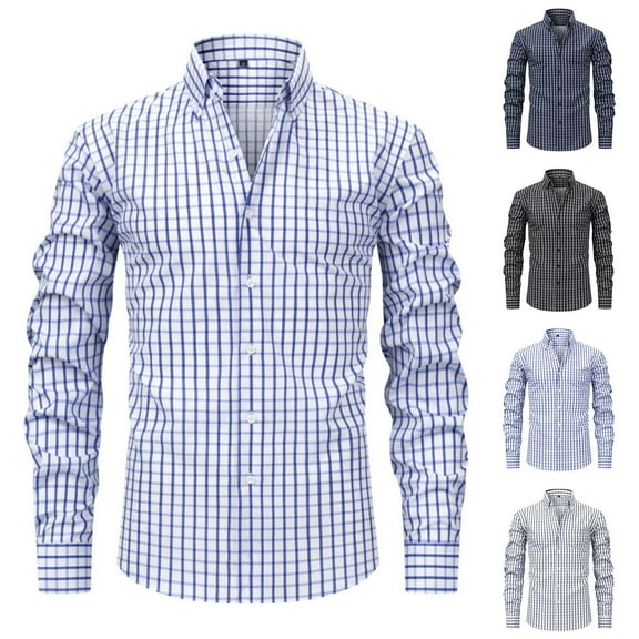 UVEASISHA Men's Plaid Business Casual Shirt Slim Fit Long Sleeve Button Down Shirts for Men Regular Fit Lapel Gingham Shirt White XL