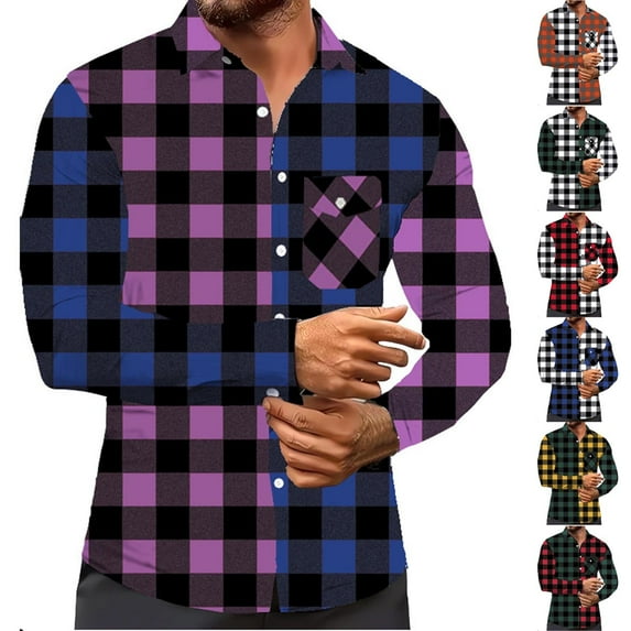 UVEASISHA Men's Plaid Shirt Long Sleeve Casual Button Down Shirts Colorblock Fashion Regular Fit Work Shirt Fall Casual Clothes with Pocket White XL