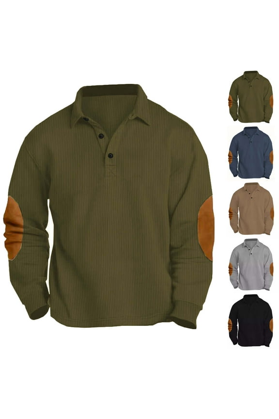 Men's Polos Shirts Casual Corduroy Golf Shirts Elbow Patch Long Sleeve Button Up T-Shirts Outdoor Sport Loose Fit Work Shirt Sales Today,Navy,S