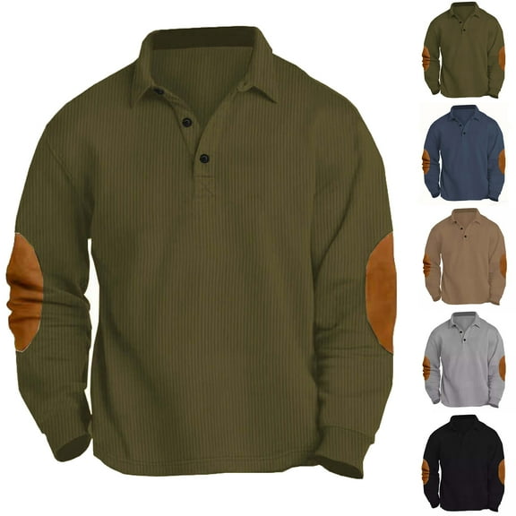 UVEASISHA Men's Polos Shirts Casual Corduroy Golf Shirts Elbow Patch Long Sleeve Button Up T-Shirts Outdoor Sport Loose Fit Work Shirt,Army Green,2XL